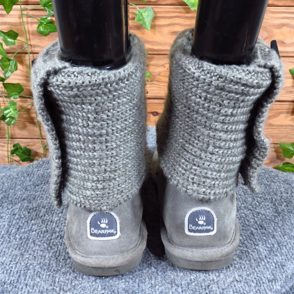 Bearpaw Knit Tall Women Shoes Size 7 Winter Cold Weather Gray Knit Suede Boot
